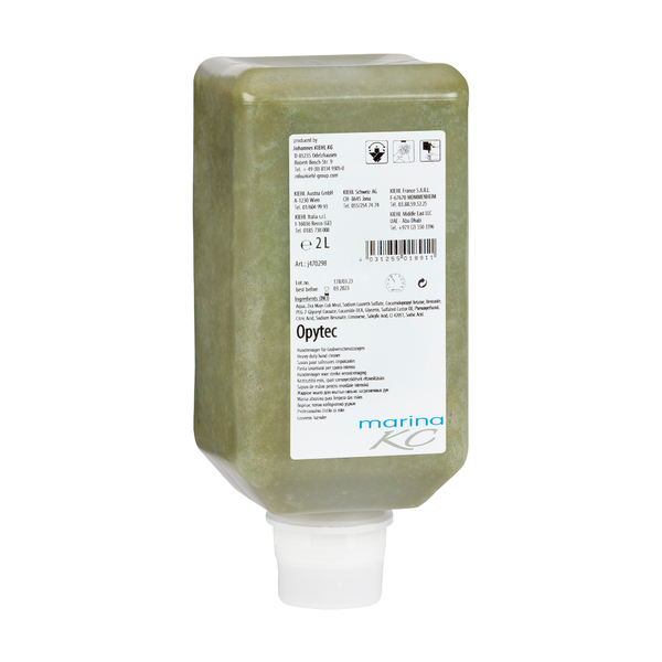 Een 2-liter rechthoekige fles van de groenachtige Kiehl Opytec Handreiniger voor grove vervuilingen van Johannes Kiehl KG met een wit informatie-etiket en brede doseerdop aan de onderkant bevat effectieve handreiniger voor zware vervuilingen.