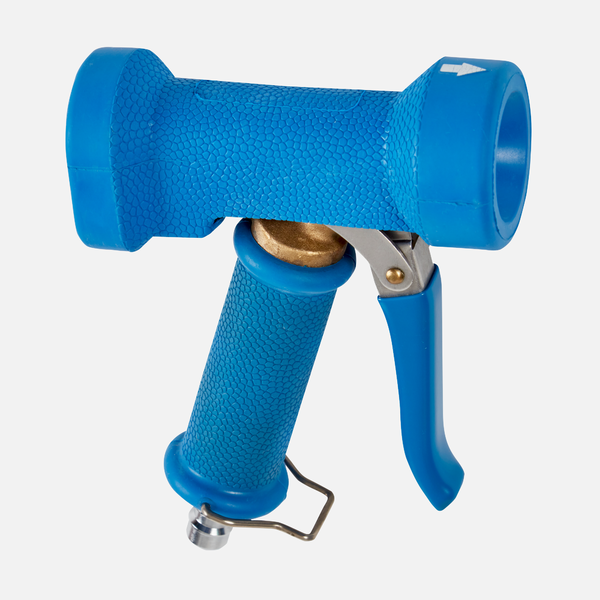 Un pistolet pulvérisateur bleu Johannes Kiehl KG Kiehl, adapté pour ARCANTEC, avec raccord pour tuyau 15 et 25, a une poignée avec structure, une gâchette et un clip métallique pour le verrouillage; illustré sur fond blanc.