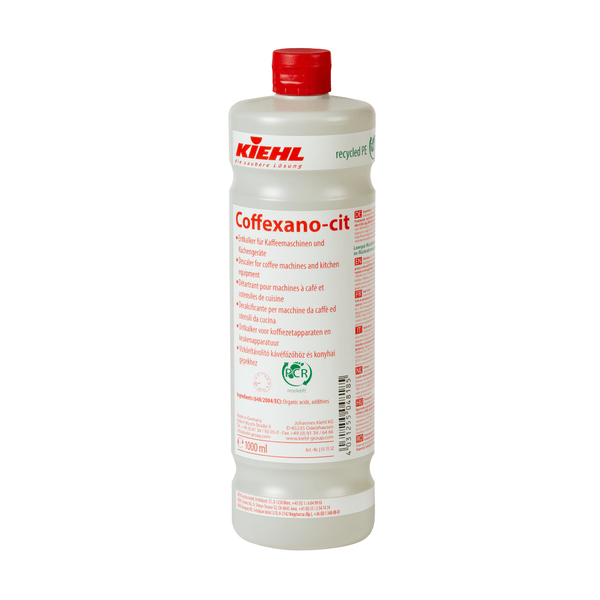 Une bouteille de 1 litre de Johannes Kiehl KG Coffexano-cit Détartrant pour machines à café et appareils de cuisine avec bouchon rouge et étiquette multilingue. Également disponible en carton de 6 bouteilles.