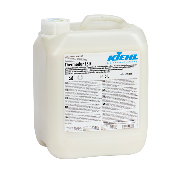 Een witte 5-liter kunststofkanister met het opschrift "Kiehl Thermodur ESD Geleidende Universele Dispersie" (Johannes Kiehl KG), ontworpen voor ESD-vloeren. Op het Duitse etiket staan toepassingsinstructies en veiligheidsinformatie. Verkocht in een doos met 2 flessen.