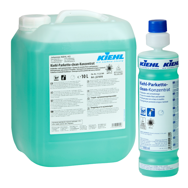 Sechs 1-Liter-Flaschen Kiehl-Parketto-clean-Konzentrat Holzboden- und Laminatreiniger der Johannes Kiehl KG, jeweils mit blau-weißem Etikett und blauem Verschluss, verpackt in einem Karton.