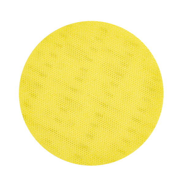 Een geel, rond Kiehl-Woodmaster-Pad schuurpad van Johannes Kiehl KG met korrel 80 en fijn puntpatroon, 16 inch (40,6 cm) in diameter, van bovenaf weergegeven op een witte achtergrond; verpakking bevat 10 stuks.