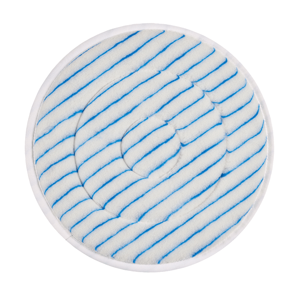 Le tampon en microfibre Kiehl de Johannes Kiehl KG est un tampon de nettoyage rond et blanc avec des bandes diagonales bleues et un motif en spirale, terminé par un bord blanc fin - idéal pour le nettoyage professionnel, illustré sur un fond blanc simple.