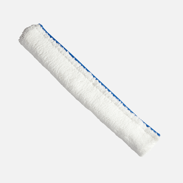 L'image montre une housse rectangulaire blanche résistante aux solvants de Johannes Kiehl KG pour balai à franges (40 cm, 1 pièce) avec une couture bleue sur un fond uni clair.