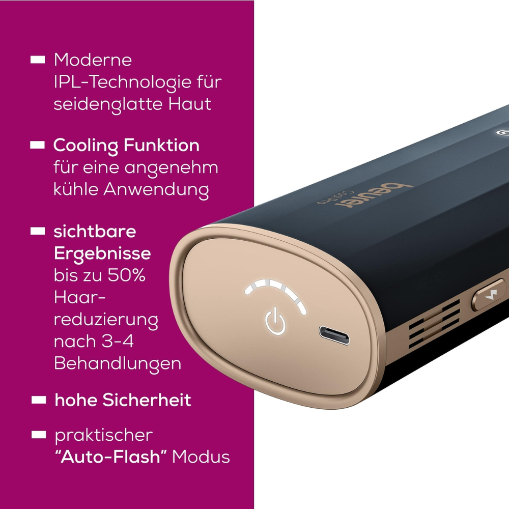 Een close-up van het Beurer IPL ontharingsapparaat IPL 7800 COOL PRO van Beurer GmbH in zwart en goud. Het apparaat wordt vanuit een perspectief getoond om de aan-uitknop, de koelfunctie en de 'Auto-Flash'-modus te benadrukken. Duitse tekst rond het apparaat beschrijft zijn moderne IPL-lichttechnologie en de voordelen daarvan.