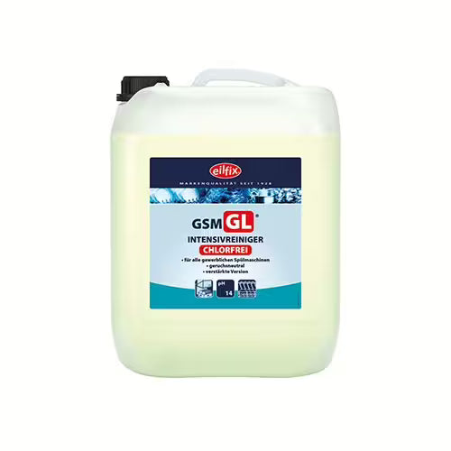 Un grand conteneur en plastique blanc avec un couvercle noir et l'inscription "GastroPower Maran GL Nettoyant pour verres pour GSM, 10 l" de Abena Re-Seller GmbH. Ce nettoyant bleu et blanc est idéal pour la restauration et les lave-vaisselles professionnels et offre un nettoyage intensif sans chlore.