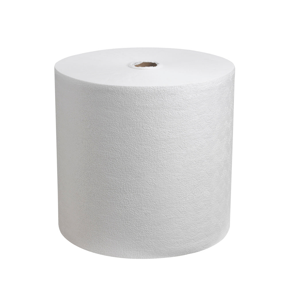 Un rouleau de lingettes Kimtech® Pure (600 lingettes, blanc) de Kimberly-Clark GmbH est debout sur fond blanc ; les lingettes structurées sans peluches sont enroulées proprement autour d'un noyau en carton avec ouverture visible.