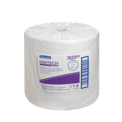 Le rouleau de lingettes Kimtech® Pure de Kimberly-Clark GmbH offre 600 lingettes blanches sans peluches par rouleau (1x600) en carton-idéal pour un nettoyage propre, avec informations sur le produit, code-barres et n° 7623 sur l'étiquette.