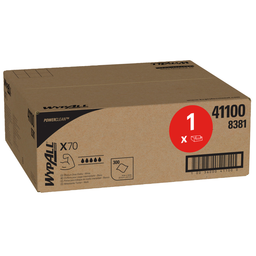 Eine weiße Schachtel mit der Aufschrift WypAll® X70 PowerClean von Kimberly-Clark GmbH (1 Box x 300 Blatt) enthält industrielle Reinigungstücher. Ein roter Kreis hebt 1 Packung hervor, mit einer Abbildung, die die gefalteten Blätter im Inneren zeigt.