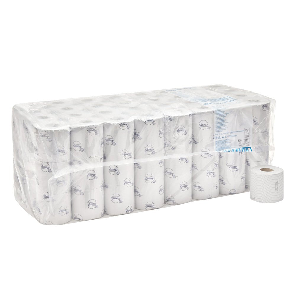 Un carton de 8 paquets de rouleaux de papier toilette Kleenex® de la société Kimberly-Clark GmbH (blanc), chaque paquet contient 12 petits rouleaux avec un imprimé discret, 250 feuilles par rouleau - un rouleau imprimé en blanc est illustré en dehors de l'emballage.