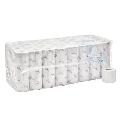 Un carton de 8 paquets de rouleaux de papier toilette Kleenex® de la société Kimberly-Clark GmbH (blanc), chaque paquet contient 12 petits rouleaux avec un imprimé discret, 250 feuilles par rouleau - un rouleau imprimé en blanc est illustré en dehors de l'emballage.