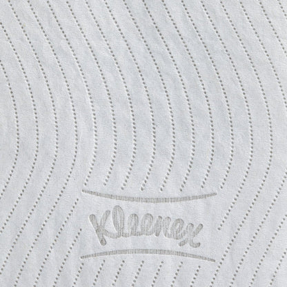 Le gros plan d'un rouleau de papier toilette blanc Kleenex® de la société Kimberly-Clark GmbH montre des lignes ondulées et pointillées et l'inscription "Kleenex" en relief gris, soulignant la texture de haute qualité de ce carton de 8 paquets (12 petits rouleaux à 250 feuilles).
