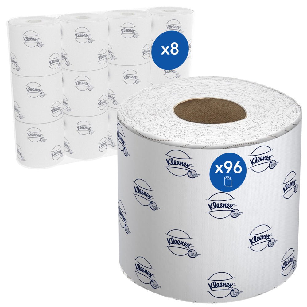 L'image montre huit paquets de rouleaux de papier toilette Kleenex® de la société Kimberly-Clark GmbH, chacun contenant 12 petits rouleaux blancs (250 feuilles par rouleau) dans un emballage de marque, soit un total de 96 rouleaux.