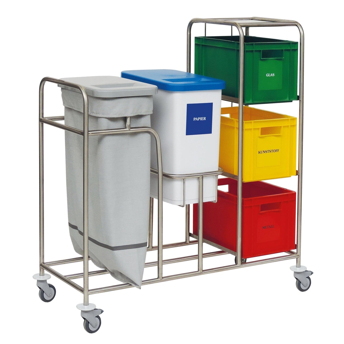 Le Novocal Kombi-Wertstoffsammler Fünffachsammler est un chariot de recyclage en acier inoxydable avec des roues, quatre conteneurs colorés pour le verre, le papier, le plastique et le métal, ainsi qu'un sac latéral gris pour la collecte des déchets. Marque : Novocal.