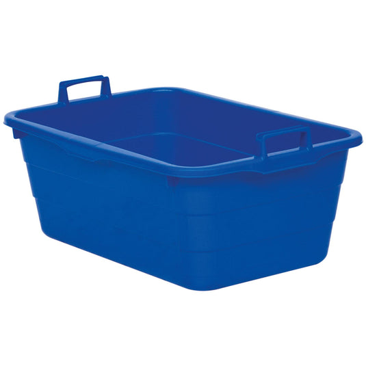 Een blauwe Novocal-kunststofbak (90 liter, 750 x 490 x 310 mm) met twee handgrepen, één aan elke korte zijde. De robuuste opbergbak is leeg en wordt afgebeeld tegen een witte achtergrond. Merk: Novocal.