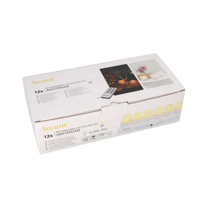 Papstar Securit® 12 LED-theelichtjes incl. laadstation Ø 4 cm x 5 cm "Amsterdam" verlichtingstijd 12-40 uur
