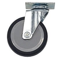 La roulette pivotante à roulement souple Novocal avec plaque, d'un diamètre de 125 mm, offre une mobilité sans à-coups pour les fourgons. Elle est équipée d'un pneu en caoutchouc gris, d'une plaque de fixation métallique et d'un support coudé assurant un maintien stable. Vendue à l'unité par Novocal.