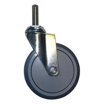 Une seule roulette pivotante Novocal avec boulon (Ø 150 mm), idéale pour chariots de tri ou porte-blouses, avec étrier en métal et bande de roulement en caoutchouc gris, illustrée sur fond blanc. Emballage : 1 pièce.