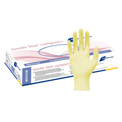 Une boîte de gants en latex Meditrade Gentle Skin® compact+ jetables, avec un gant jaune en latex jetable sur le devant de la boîte.