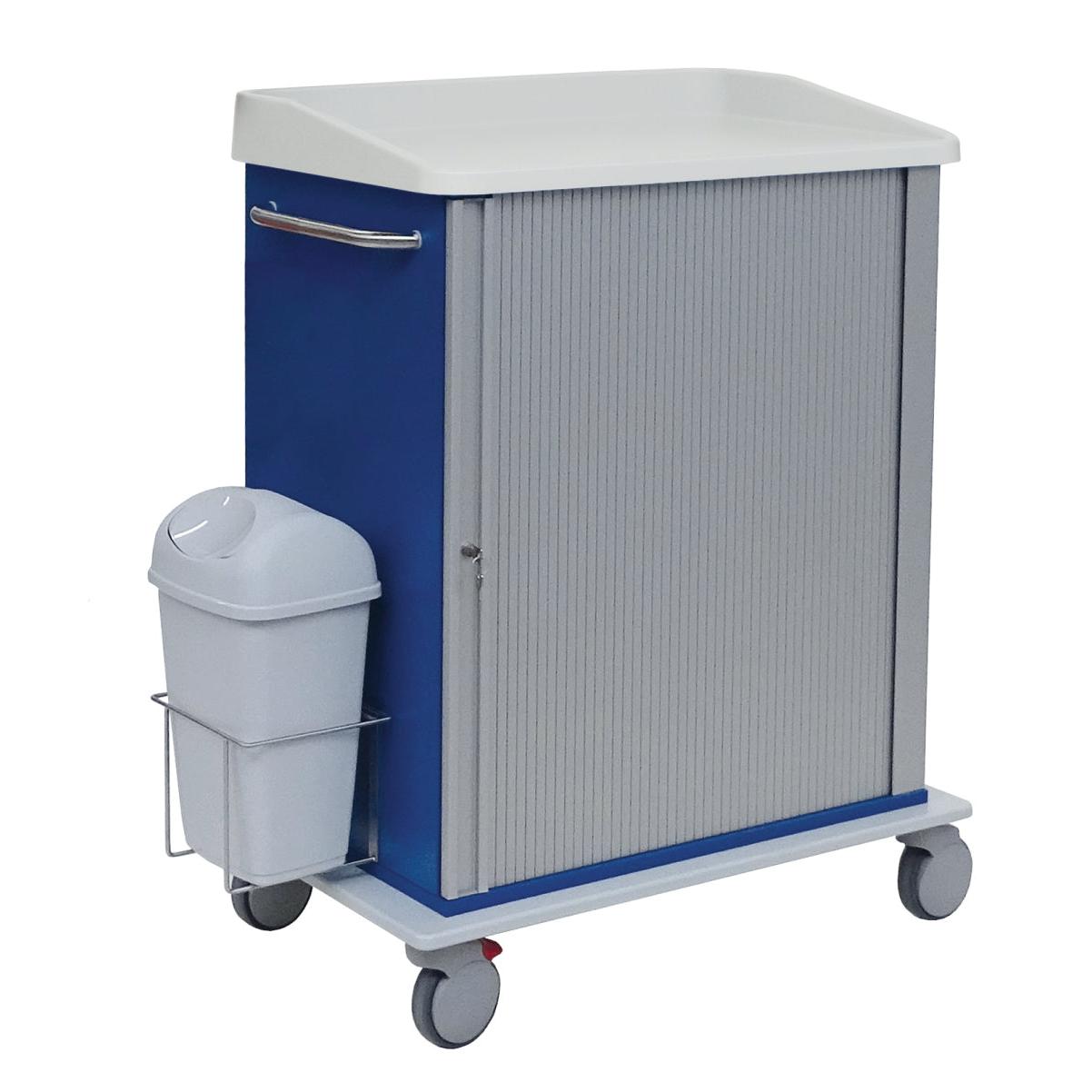 Een blauw-grijze Novocal modulewagen met doorlopende volkunststofplaat, gesloten roldeur, witte afdekking, vier wielen en zijdelingse afvalbak - ideaal voor veilig transport van goederen. 1 stuk verpakking. Merk: Novocal.