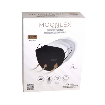 Eine Schachtel mit Altruan MOONLEX FFP2 Maske, 5-lagig, CE2890 - einzeln foliert, enthält 10 Stück. Die Vorderseite zeigt Maskenabbildungen und zweisprachigen Text in Deutsch und Englisch.