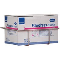 Een Novocal mondbeschermingsboxhouder van roestvrij staal (voor bevestiging aan de Euro-rail, 1 stuk/verpakking) houdt een rechthoekige doos met het opschrift "Foliodress mask", die wegwerpgezichtsmaskers bevat. Merk: Novocal.