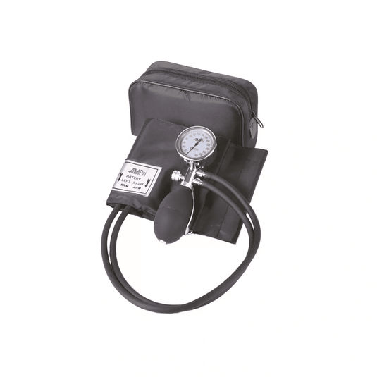 De Med Comfort aneroïde bloeddrukmeter voor de bovenarm met een 2-slangensysteem van AMPri Handelsgesellschaft mbH is een zwarte, handmatige bloeddrukmeter met manchet, aneroïde meter, opblaasbal en zwarte opbergkoffer. Het 2-slangensysteem zorgt voor nauwkeurige meetwaarden in mmHg en is daarom uitermate geschikt voor het nauwkeurig handmatig meten van de bloeddruk.