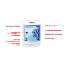 Le tensiomètre Medel Elite, fabriqué par Beurer GmbH, affiche une pression systolique de 120, une pression diastolique de 80 et une fréquence cardiaque de 60. Il dispose de fonctionnalités telles qu'une alarme pour battement cardiaque irrégulier, une indication de batterie ainsi qu'un affichage de la date et de l'heure. L'appareil offre des annotations en allemand pour plus de convivialité.