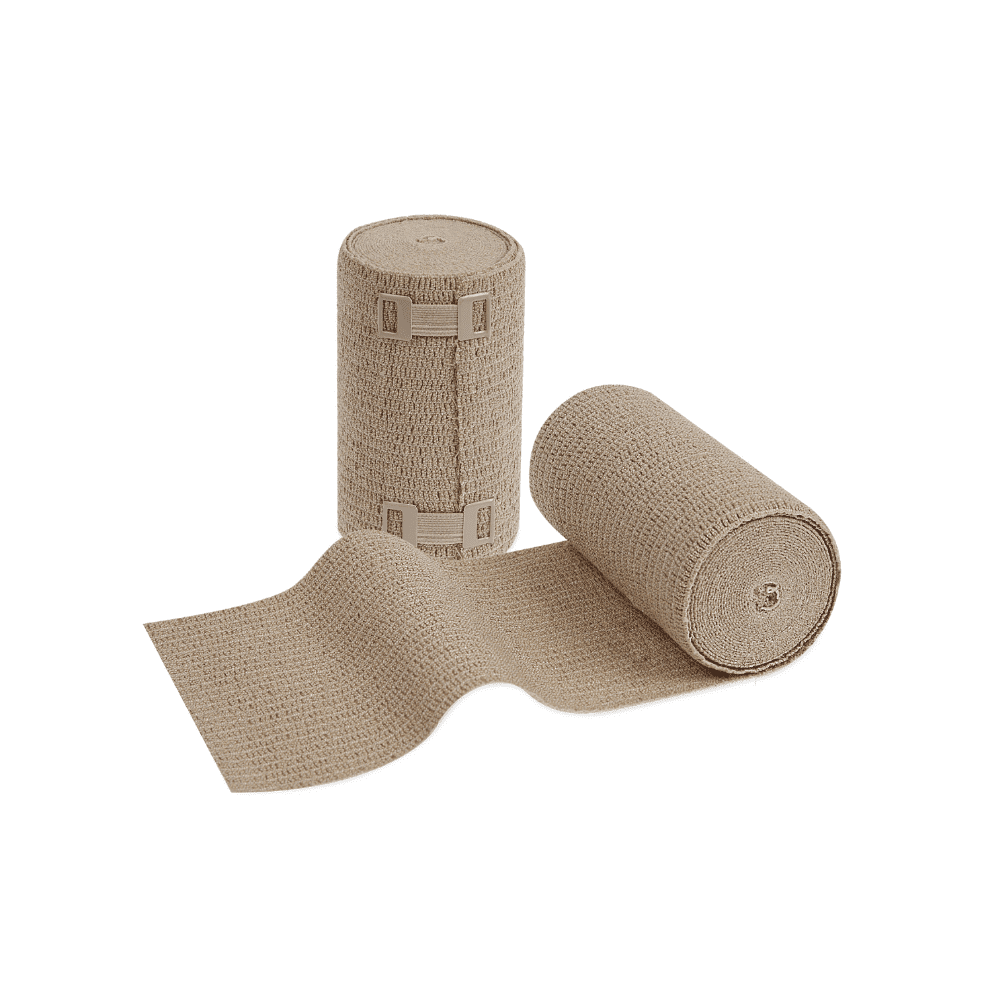 Twee rollen Meditrade ABE® VEN duurzaam elastische compressieverband, één staand, de andere horizontaal liggend met een afgerold gedeelte, voor een witte achtergrond.