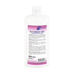 Een fles Meditrade Alcoman® Gel handdesinfectiemiddel van 500 ml met productinformatie en gebruiksaanwijzing in het Duits op een wit-roze etiket. De fles is voorzien van een klapsluiting en wordt geleverd
