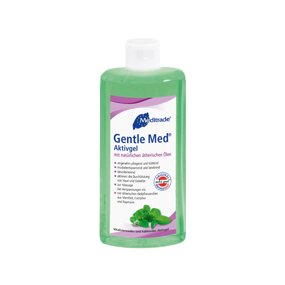 Een 500 ml fles Meditrade Gentle Med® Aktivgel van Meditrade GmbH, die een verkoelend groen gel bevat dat verrijkt is met natuurlijke etherische oliën zoals menthol en rozemarijn. Het Duitse etiket wordt aangevuld met een witte klapdop.