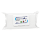 Un paquet de lingettes désinfectantes pour surfaces Meditrade Medizid® Alpha+ Flowpack, contenant 80 lingettes, dans un emballage en plastique blanc avec des informations sur le produit et des logos sur le côté.