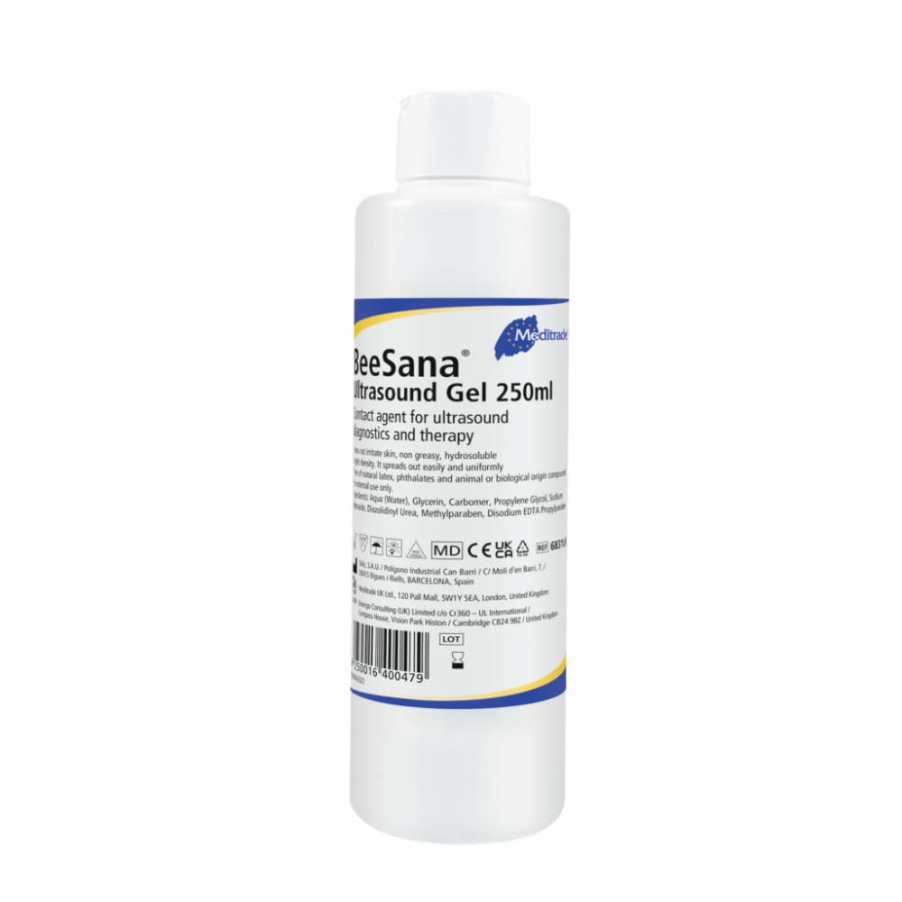 Een fles Meditrade BeeSana® Ultrasoundgel, 250 ml, aangeduid als glijmiddel voor echografieprocedures. Het etiket bevat productdetails en symbolen voor naleving van wettelijke voorschriften.