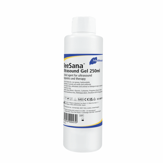 Un flacon de gel pour échographie Meditrade BeeSana®, 250 ml, destiné à servir de lubrifiant pour les examens échographiques. L'étiquette comporte les informations relatives au produit ainsi que les symboles nécessaires au respect de la réglementation en vigueur.
