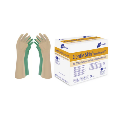 Een paar groene Meditrade Gentle Skin® Securitex OP® handschoenen staat rechtop naast de verpakkingsdoos met het opschrift „Meditrade GmbH“ in blauw en geel en productdetails in meerdere talen.