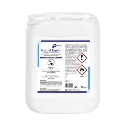 Un bidon de 5 litres en plastique blanc avec l'inscription « Meditrade Medizid Rapid+ » de Meditrade GmbH avec des informations de sécurité et de produit, y compris un symbole d'inflammabilité, en différentes langues, utilisé pour les surfaces.