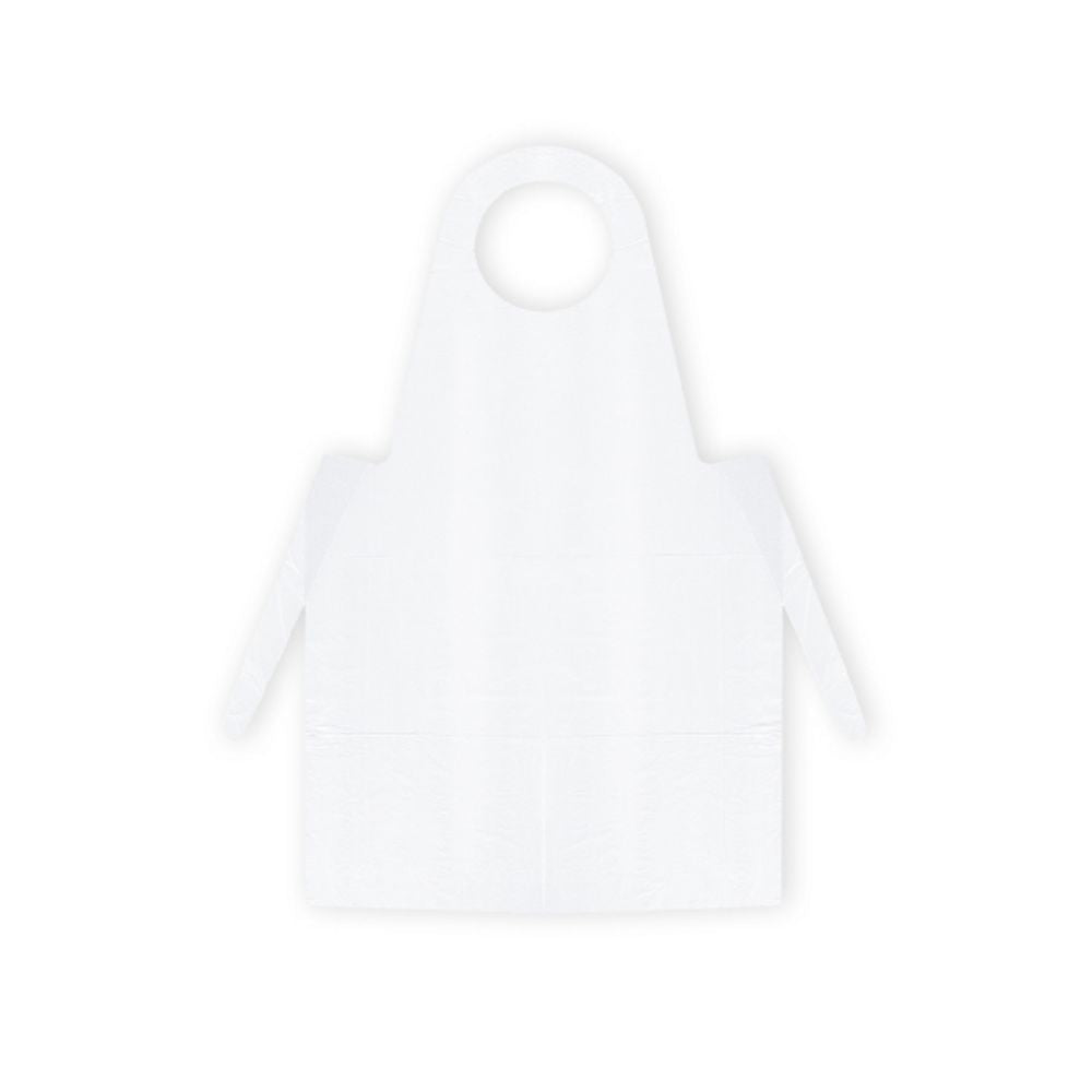 Sur un fond gris est représenté un tablier jetable en PE bleu de Meditrade GmbH. Il dispose d'une encolure ronde et de longues bandes latérales à nouer à la taille, répondant ainsi aux exigences essentielles en matière d'hygiène.