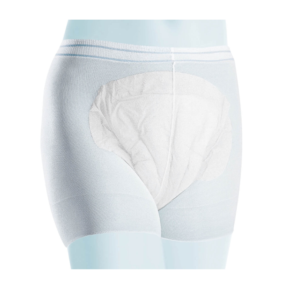 Close-up van een paar lichtblauwe Meditrade Panty Fixeerbroekjes incontinentieslips voor volwassenen. Het gewatteerde gebied voor absorptie is te zien tegen een witte achtergrond. Deze slips maken deel uit van de Meditrade Panty-serie.