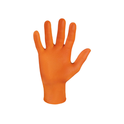 Un gant jetable Meditrade StellarGrip en nitrile orange, isolé sur un fond blanc, représenté avec les doigts écartés.
