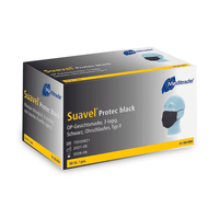 Une boîte de masques chirurgicaux noirs Meditrade Suavel® Protec OP-Maske, contenant 50 pièces. Ces masques bucco-nasaux à usage unique sont composés de trois couches, sont conçus pour être portés à l'aide de boucles d'oreilles et présentent une efficacité de filtration bactérienne de type II. La boîte indique qu'elle contient 50 masques et comporte les références du produit ainsi que les informations relatives à la fabrication fournies par Meditrade GmbH.