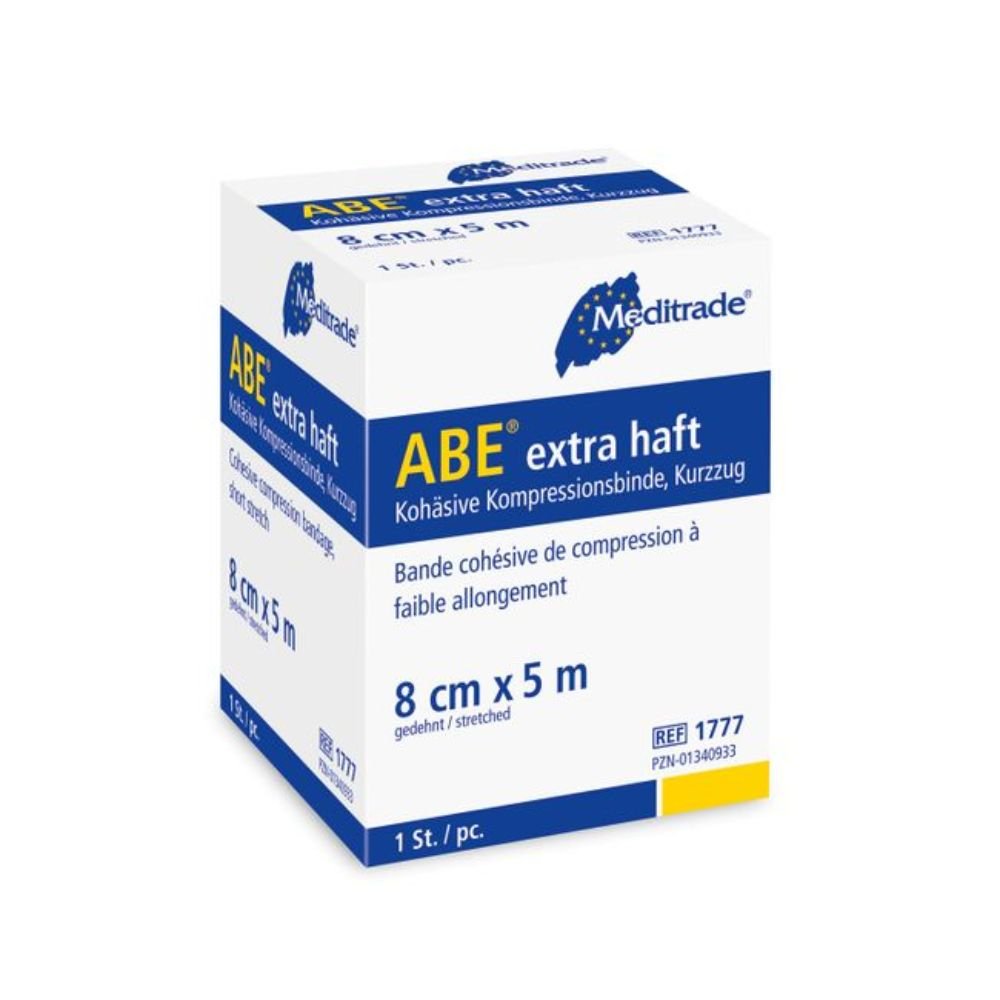 Doos Meditrade ABE® extra kleefkracht cohesieve korte rekverband van Meditrade GmbH, een sterk cohesief compressieverband voor verbandfixatie, maat 8 cm x 5 m. Witte doos met blauw/gele accenten bevat productdetails in het Duits en Frans.