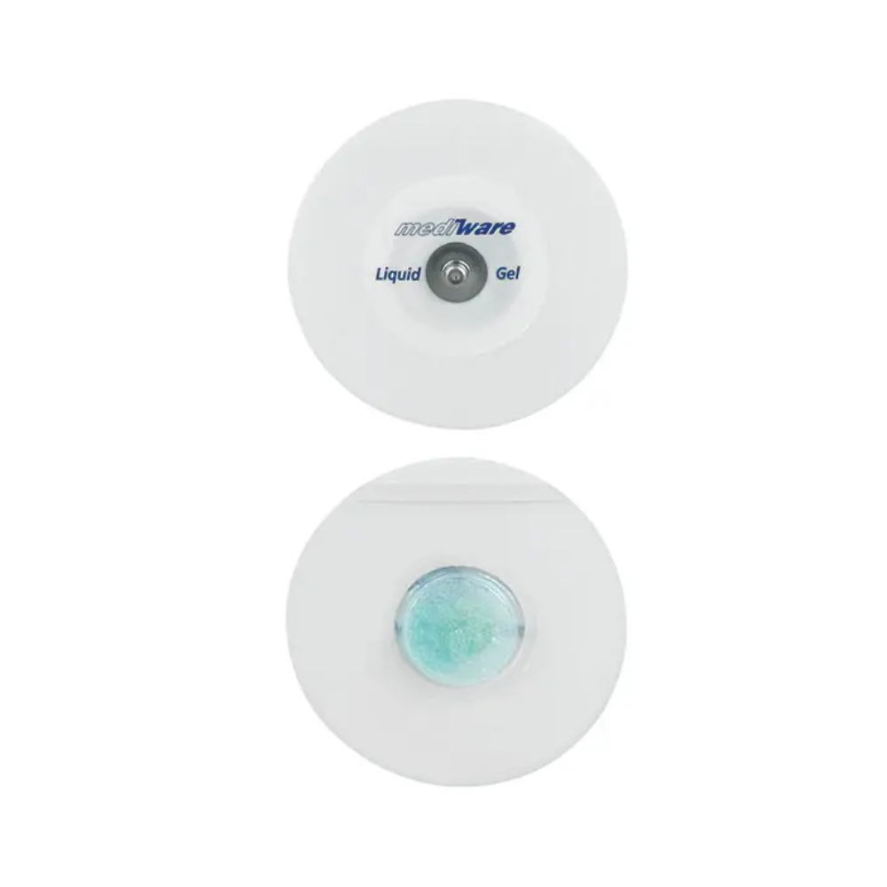 L'image montre deux électrodes en mousse rondes. L'électrode supérieure porte l'inscription « Servoprax GmbH », ce qui indique la technologie Liquid-Gel. L'électrode inférieure présente un centre de gel bleu-vert visible. Les deux sont fabriquées pour un usage médical et équipées d'un connecteur à bouton-pression pour une utilisation facile.