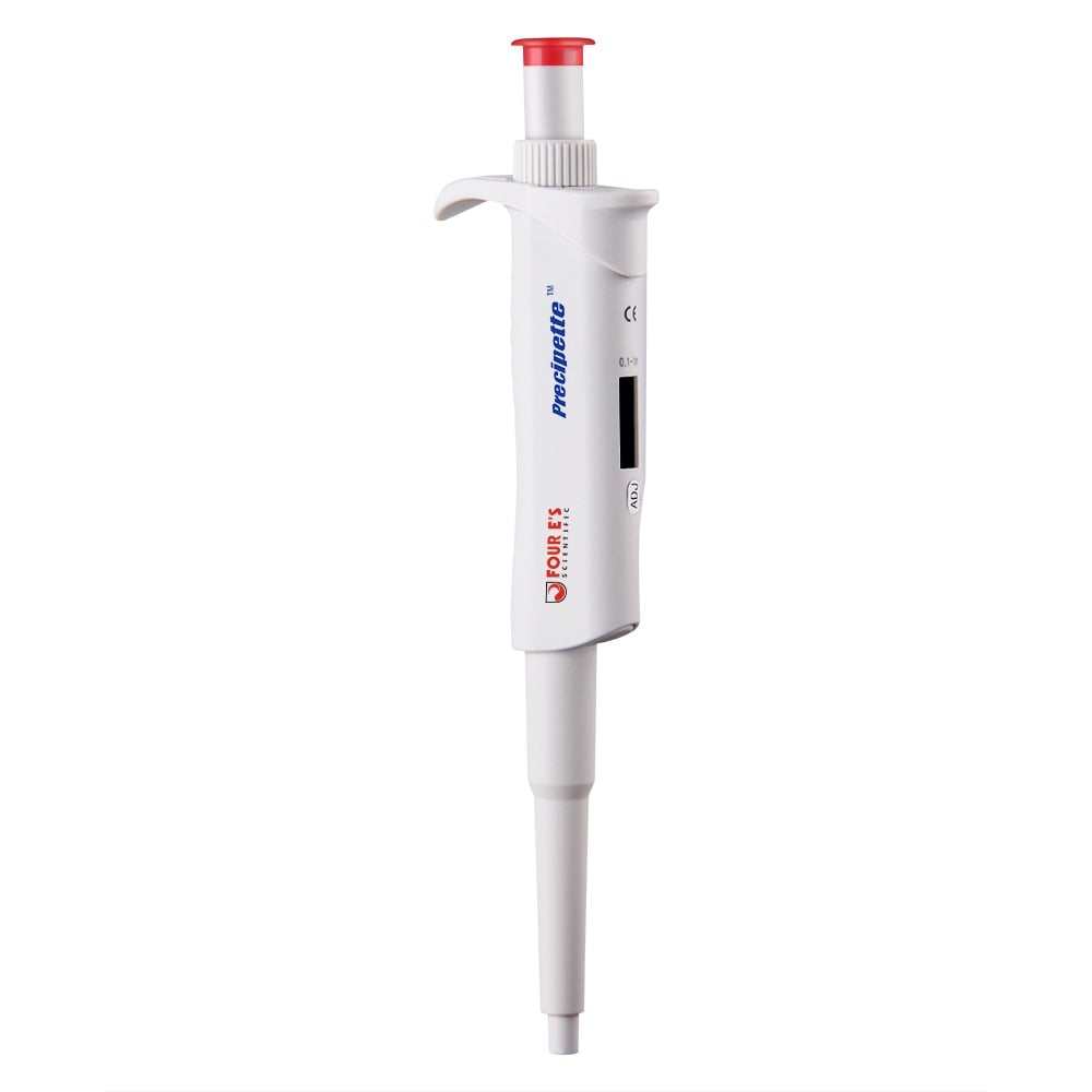 Une micropipette de laboratoire blanche et réglable avec l'inscription "Micropipette 100-1000 µl Preci1000" et "Altruan" dispose d'un bouton rouge pour la mesure précise et le transfert de liquides ; des informations comme le poids et les dimensions de l'emballage sont clairement indiquées.