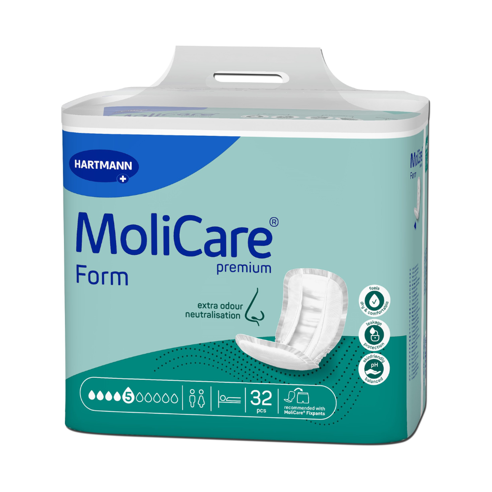 Un paquet de protections pour incontinence Hartmann MoliCare® Premium Form Vorlage de Paul Hartmann AG, composé de 32 pièces avec neutralisation supplémentaire des odeurs. L'emballage est bleu-vert et présente des caractéristiques du produit et des labels environnementaux.