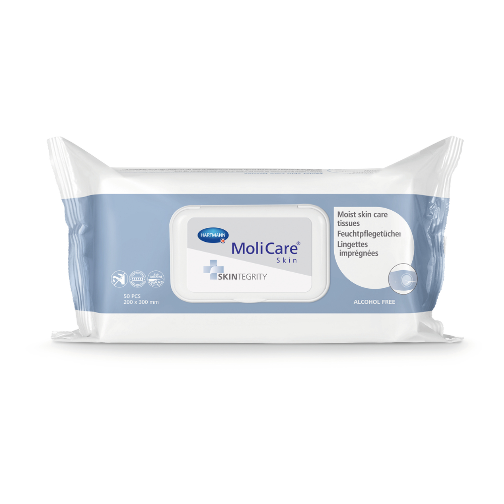Paquet de lingettes humides MoliCare® Skin de Paul Hartmann AG dans un emballage blanc et bleu, étiqueté comme « lingettes de soin de la peau humides », sans alcool, au format 20x