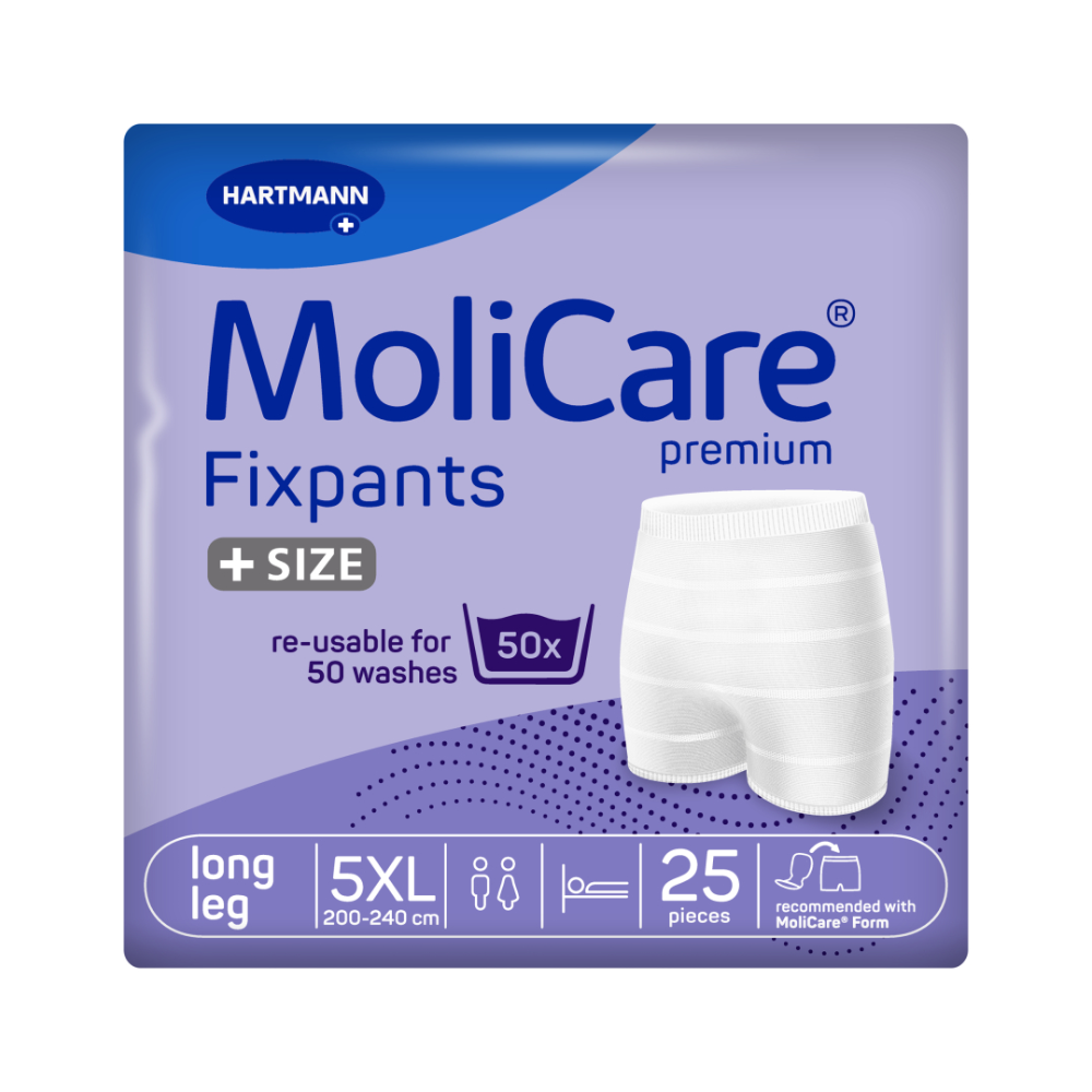 Die blau-violetten Hartmann MoliCare® Premium Fixpants der Paul Hartmann AG haben lange Beine und sind für einen Taillenumfang von 200–240 cm (5XL) geeignet. Jede Packung enthält 25 Stück und ist bis zu 50 Mal wiederverwendbar. Sie sind ideal für Inkontinenzeinlagen und tragen auf der Vorderseite eine Kleidungsgrafik.