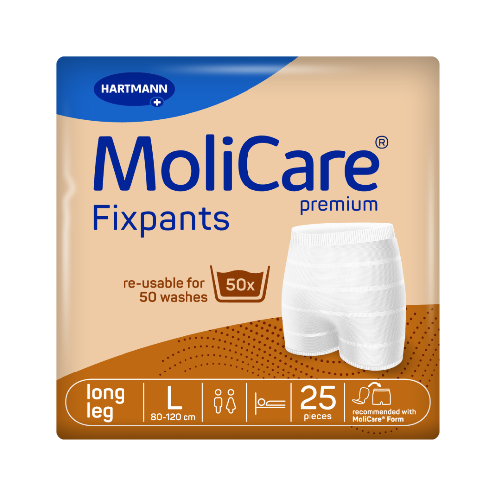 Das Bild zeigt die Verpackung der MoliCare® Premium Fixpants der Paul Hartmann AG. Die weiße, wiederverwendbare Netz-Fixpant, langes Bein, Größe L (80–120 cm), ist für 50 Wäschen geeignet. Die Packung enthält 25 Stück und ist überwiegend hellbraun mit blauen Akzenten, ideal für die Verwendung mit Inkontinenzeinlagen.