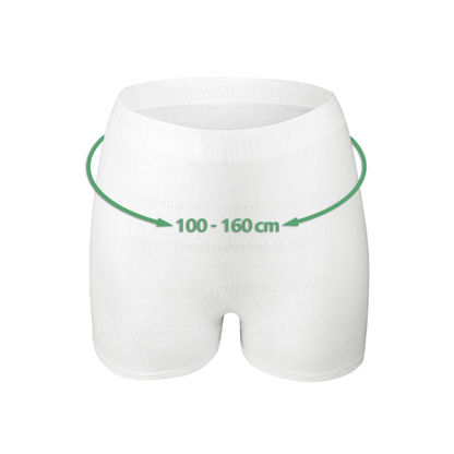 Hartmann MoliCare® Premium Fixpants der Paul Hartmann AG sind weiße Stützshorts mit grünem Pfeil für den Taillenumfang 100–160 cm. Mit ihrer gerippten Struktur eignen sich diese Netzhosen (25 Stück) ideal zur Fixierung von Inkontinenzeinlagen und für medizinische oder unterstützende Zwecke.