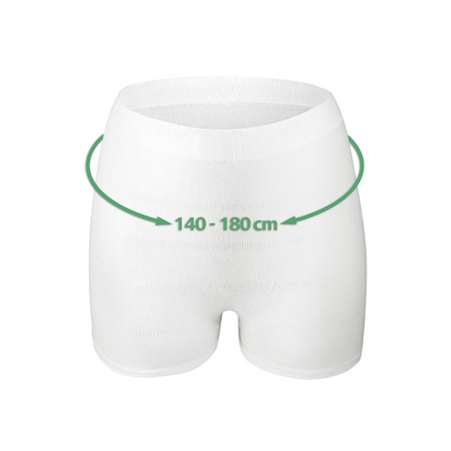 Die Hartmann MoliCare® Premium Fixpants (Netzhose) der Paul Hartmann AG sind auf einfarbigem Hintergrund abgebildet. Ein grüner Pfeil markiert den Verstellbereich des Bunds von 140–180 cm und weist auf die Eignung als Medizinprodukt hin. Die Packung enthält 25 Stück.