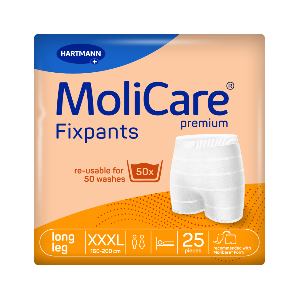 Die Hartmann MoliCare® Premium Fixpants Verpackung präsentiert weiße Netzhosen, die bis zu 50 Wäschen wiederverwendbar sind. Die XXXL-Shorts passen für Beinumfänge von 160–200 cm und werden in einer Packung zu 25 Stück geliefert. Sie sind mit dem Logo der Paul Hartmann AG als Medizinprodukt versehen.